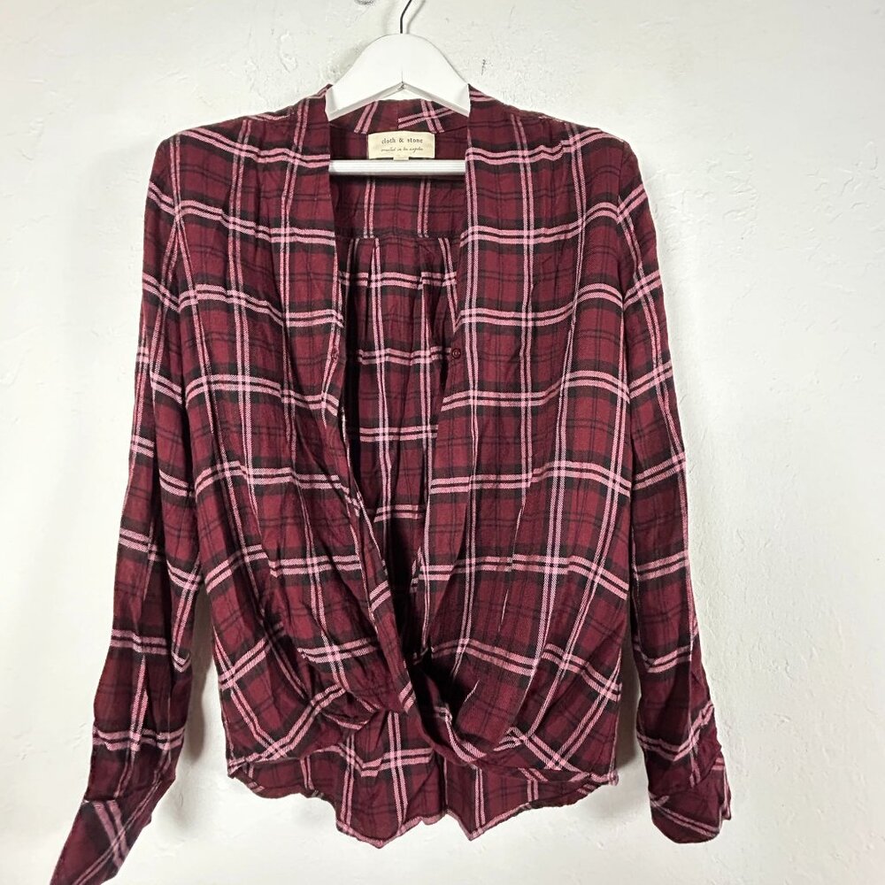 Cloth & Stone Womens Burgundy Pink Plaid Faux Wrap Top Small Long Sleeve Casual